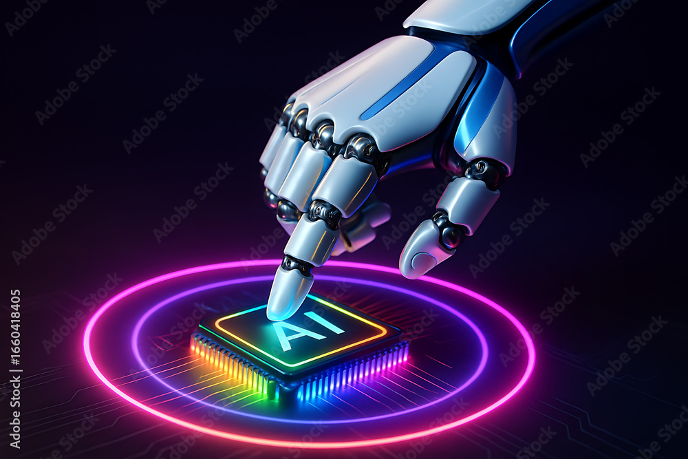 Poster a futuristic robot hand is pressing a button on a microchip with an ai symbol, representing the powe