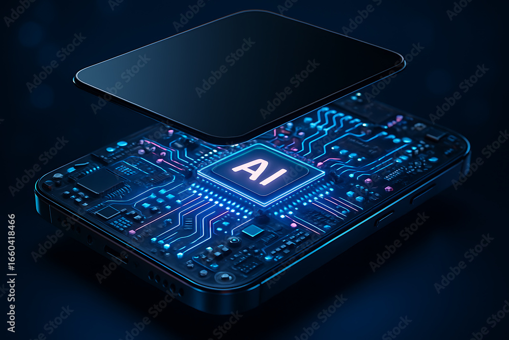 Poster a smartphone is being disassembled to show its inner workings, with a glowing artificial intelligenc