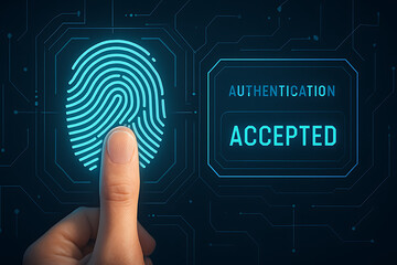 Fingerprint authentication accepted digital security biometric identity scan hand touch verification futuristic technology access control personal data privacy protection cyber network identification 