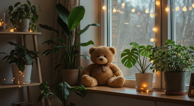 Brown Teddy Bear Sitting by Window with Green Plants and String Lights - Powered by Adobe