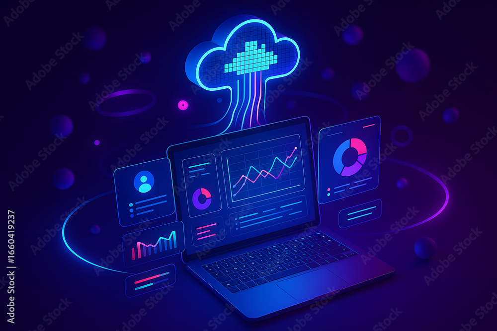 Poster a futuristic laptop and a cloud icon are floating in a dark space, symbolizing the modern use of clo