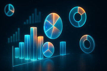 3d glowing neon analytics dashboard, futuristic holographic charts, data visualization bars and pie graphs, digital financial interface, luminous technology design for business performance metrics ana