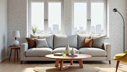 Fototapeta premium A cozy living room with a light gray sofa, brown and white cushions, a wooden coffee table, soft lighting, and large windows showing a city view.
