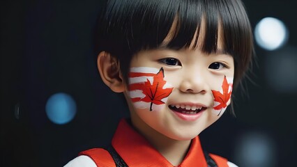 Smiling child with Canadian flag face paint and maple leaf design celebrating Canada Day with joy and national pride on dark background