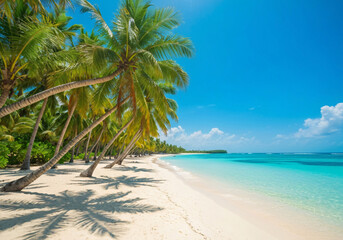 Obraz premium Beautiful tropical beach with turquoise water, white sand, and palm trees, realistic photography, ultra HD 