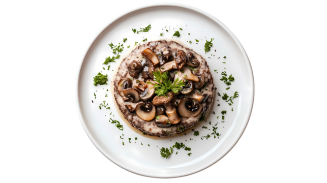 Creamy mushroom soup in bowl topped with fresh parsley Isolated transparent on white background