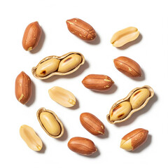 Obraz premium A natural and detailed collection of roasted peanuts, scattered across a pure white background copy
