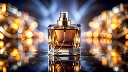 Elegant Perfume Bottle on Reflective Surface with Bokeh Lights and Dramatic Lighting