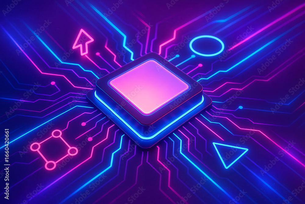 Poster a central glowing microchip is the focus of a futuristic circuit board, symbolizing the core of tech