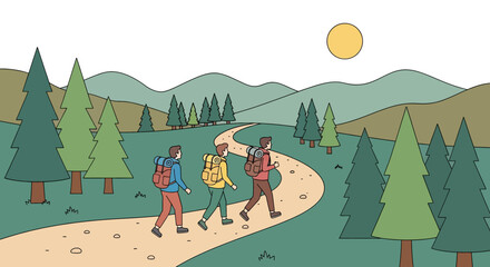 Vector illustration of hikers walking along a mountain trail with backpacks, surrounded by trees and peaks, symbolizing outdoor adventure, teamwork, travel, and exploration