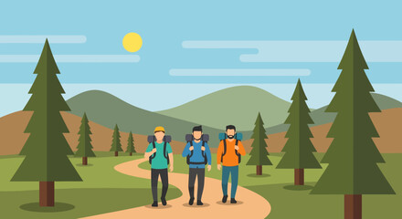 Vector illustration of hikers walking along a mountain trail with backpacks, surrounded by trees and peaks, symbolizing outdoor adventure, teamwork, travel, and exploration