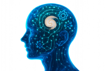 An outline of a human head is filled with a digital brain with gears, representing the concept of mental health technology and learning