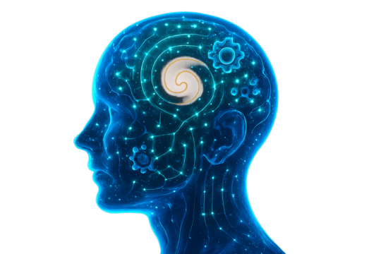 An outline of a human head is filled with a digital brain with gears, representing the concept of mental health technology and learning
