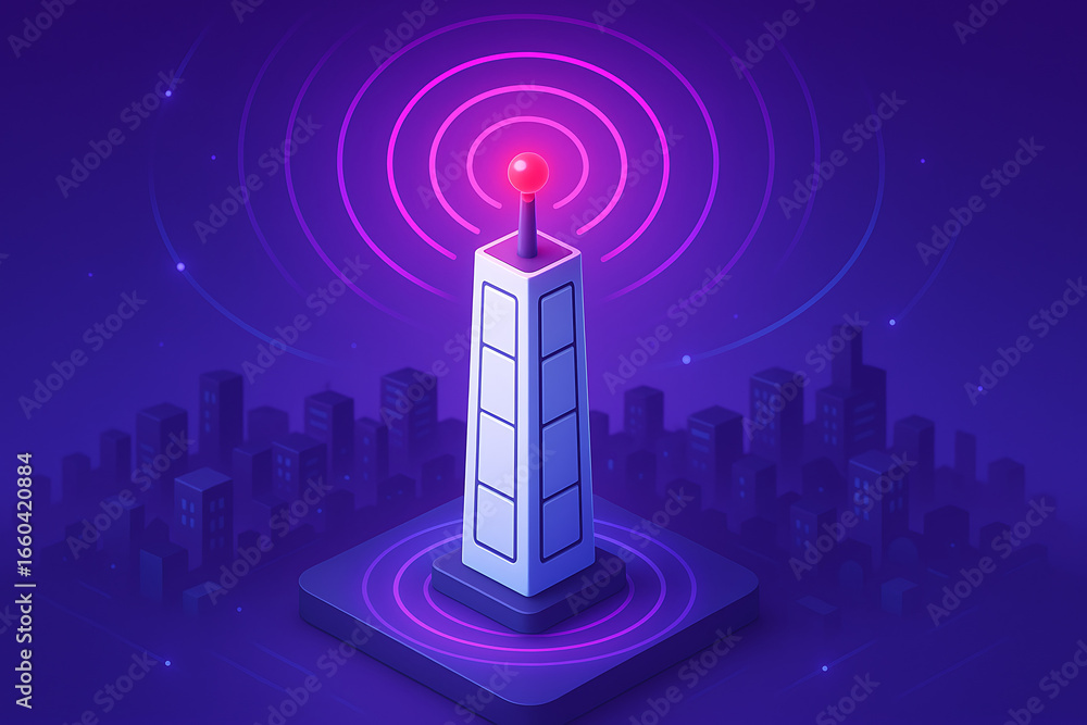 Aufkleber isometric 3d rendering of a telecommunication tower broadcasting digital signals across a futuristic