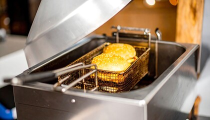 Two golden-brown hamburger buns are being fried in a commercial deep fryer.