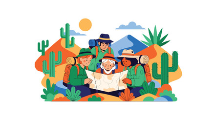 Vector illustration of a group of hikers exploring a desert landscape with backpacks and a map, symbolizing adventure travel, teamwork, and outdoor exploration