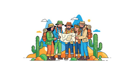 Vector illustration of a group of hikers exploring a desert landscape with backpacks and a map, symbolizing adventure travel, teamwork, and outdoor exploration