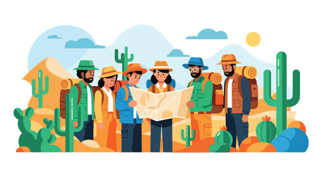 Vector illustration of a group of hikers exploring a desert landscape with backpacks and a map, symbolizing adventure travel, teamwork, and outdoor exploration - Powered by Adobe