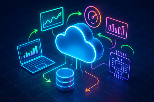 A 3D render of a cloud computing network illustration showing a data flow between devices and a central server in a futuristic design