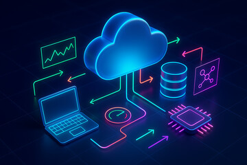 A 3D render of a cloud computing network illustration showing a data flow between devices and a central server in a futuristic design