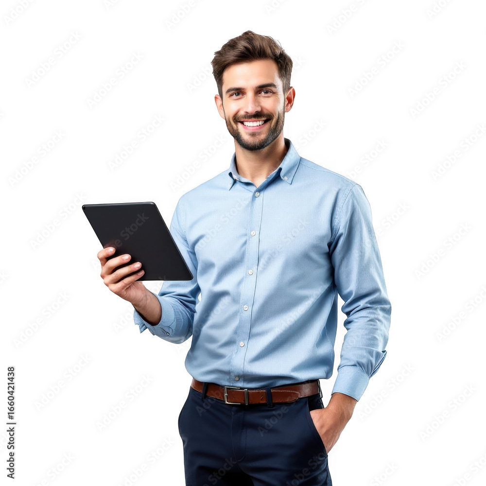 Poster smiling professional man holding a tablet device and standing confidently with one hand in his pocke
