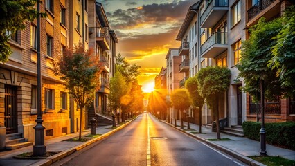 Urban street view at sunset with buildings and trees lining the road in Europe