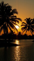 Obraz premium Ok Tropical lagoon with coconut palm silhouette at sunset