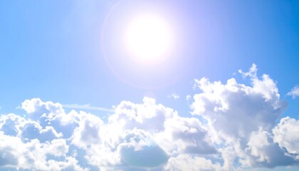 Bright, vibrant daylight sky filled with fluffy white clouds, showcasing a brilliant sun and a vast expanse of cerulean blue.