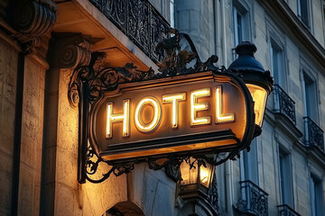 Charming Hotel Sign Lit Up at Night in a Classic European City Setting