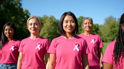 Young Woman Wearing Pink T-Shirt Participating in Breast Cancer Awareness Walk or Event Outdoors on a Sunny Day, Promoting Health, Community Support, and Disease Prevention