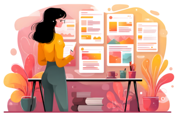 Confident woman analyzing project data and planning strategy at a modern workspace with vibrant, colorful decor and inspirational mood boards