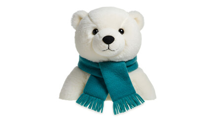 Adorable plush polar bear wearing a teal scarf, perfect for children's products and design