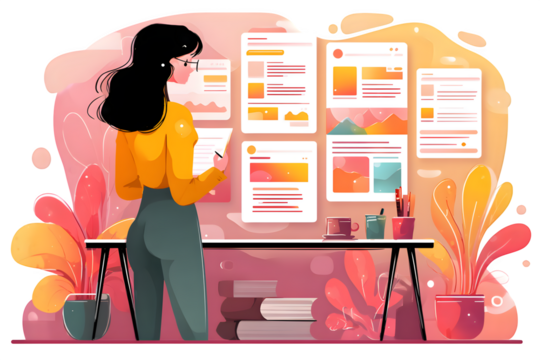 Confident woman analyzing project data and planning strategy at a modern workspace with vibrant, colorful decor and inspirational mood boards - Powered by Adobe