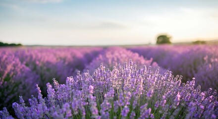 Naklejka premium Lavender Field in Full Bloom at Sunset Aromatic Purple Flowers Stretching to the Horizon Captivating Natural Beauty Serene Landscape