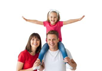 A vibrant family portrait showcasing the pure joy of a young girl on her father's shoulders, illustrating their loving bond and delightful childhood memories.