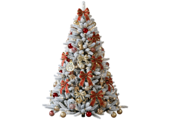 Beautifully adorned flocked Christmas tree with elegant red bows and golden ornaments, sparkling with festive cheer, ready to bring holiday magic to any home.