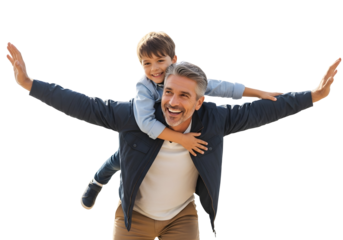 A joyful father and his happy son share a heartwarming moment, playing together with outstretched arms like an airplane, embodying pure fun and family bonding.