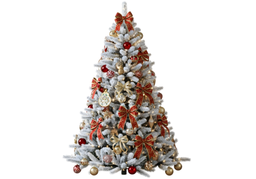 Beautifully adorned flocked Christmas tree with elegant red bows and golden ornaments, sparkling with festive cheer, ready to bring holiday magic to any home.