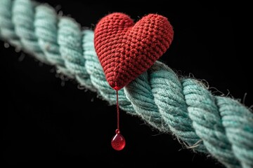 Macro shot of knitted red heart with blood droplet hanging on textured rope