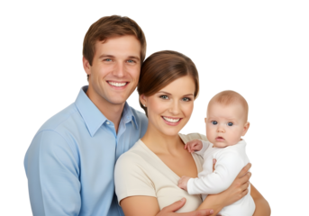 Capturing the joyous harmony of a young family, a loving couple tenderly embraces their precious baby, radiating warmth and happiness in a clean, bright setting.
