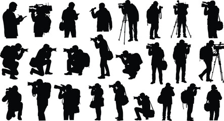 Photographer silhouette, videographer silhouette, camera operator, tripod setup, photo shoot, video recording, media production, capturing moments, professional photography poses