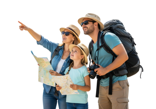 An adventurous family, ready to be whisked on an exciting journey, points at maps, planning their next travel adventure and capturing memories.