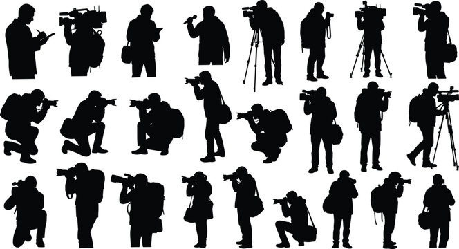 Photographer silhouette, videographer silhouette, camera operator, tripod setup, photo shoot, video recording, media production, capturing moments, professional photography poses
