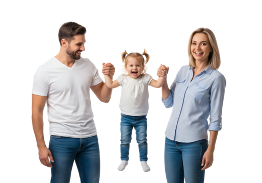 Joyful parents happily lift their adorable daughter, creating a moment of pure family bliss and playful bonding against a pristine white background.