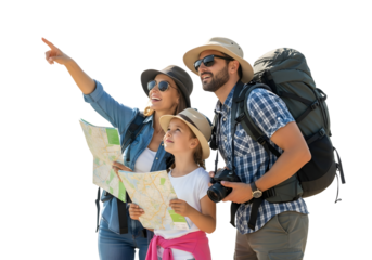 An enthusiastic family on an outdoor adventure, maps in hand, points towards their next destination, embodying the spirit of shared travel and discovery.
