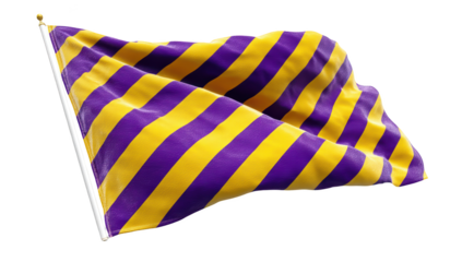 Waving flag with purple and yellow stripes on a black background