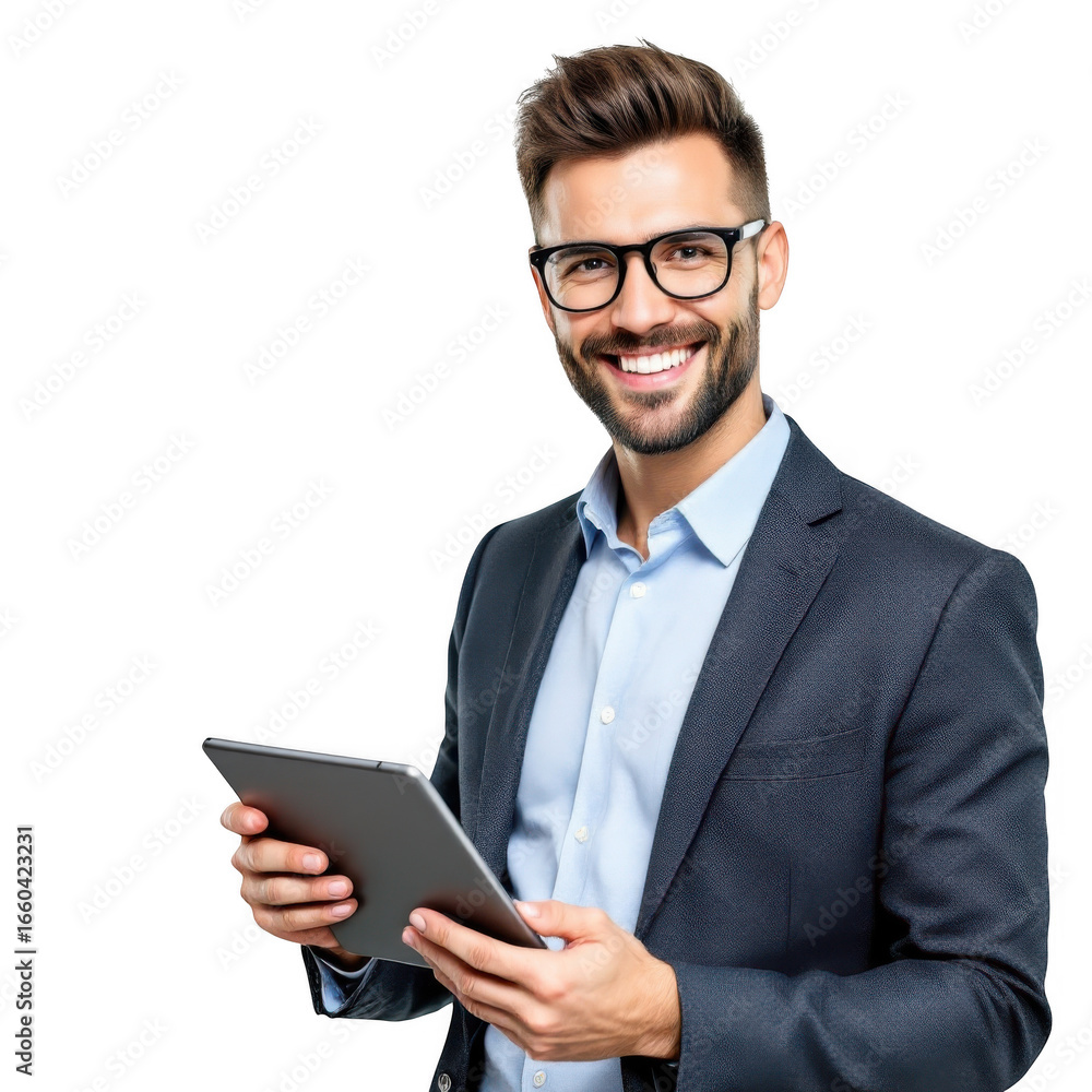 Poster smiling businessman with glasses holding a tablet computer and looking at the viewer isolated on tra