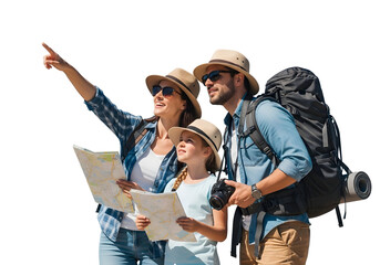 An adventurous family, ready for exploration with maps and backpacks, actively points towards their next exciting destination, making memorable travel plans together.