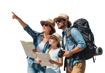 An adventurous family, ready for exploration with maps and backpacks, actively points towards their next exciting destination, making memorable travel plans together.