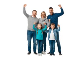 A joyful multi-generational family stands together, raising fists in triumph, celebrating success and unity on a bright white background, radiating pure happiness and collective achievement.